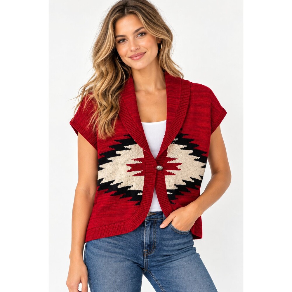 Chaps Southwestern Aztec Sweater Size PL Petite Large Red Short Sleeve Cardigan